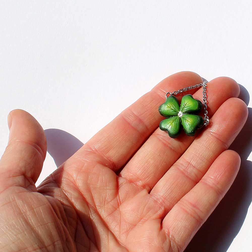 Defender of Happiness: Clover Shamrock Necklace Polymer Clay.