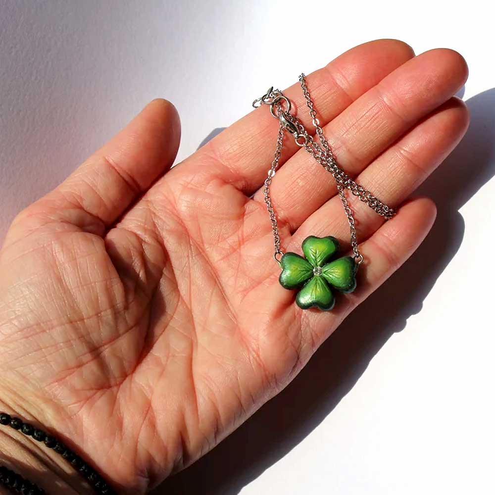 Defender of Happiness: Clover Shamrock Necklace Polymer Clay.