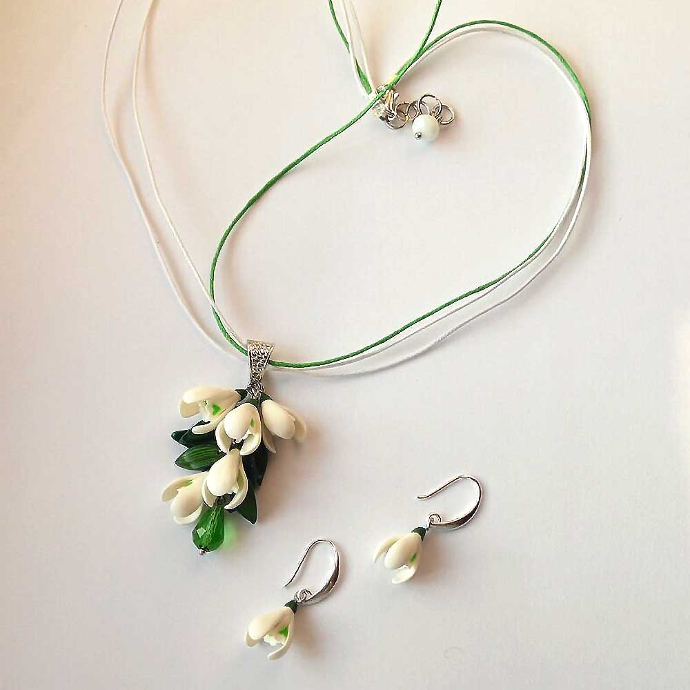 Spring's Embrace: Snowdrop Earrings & Pendant Polymer Clay.